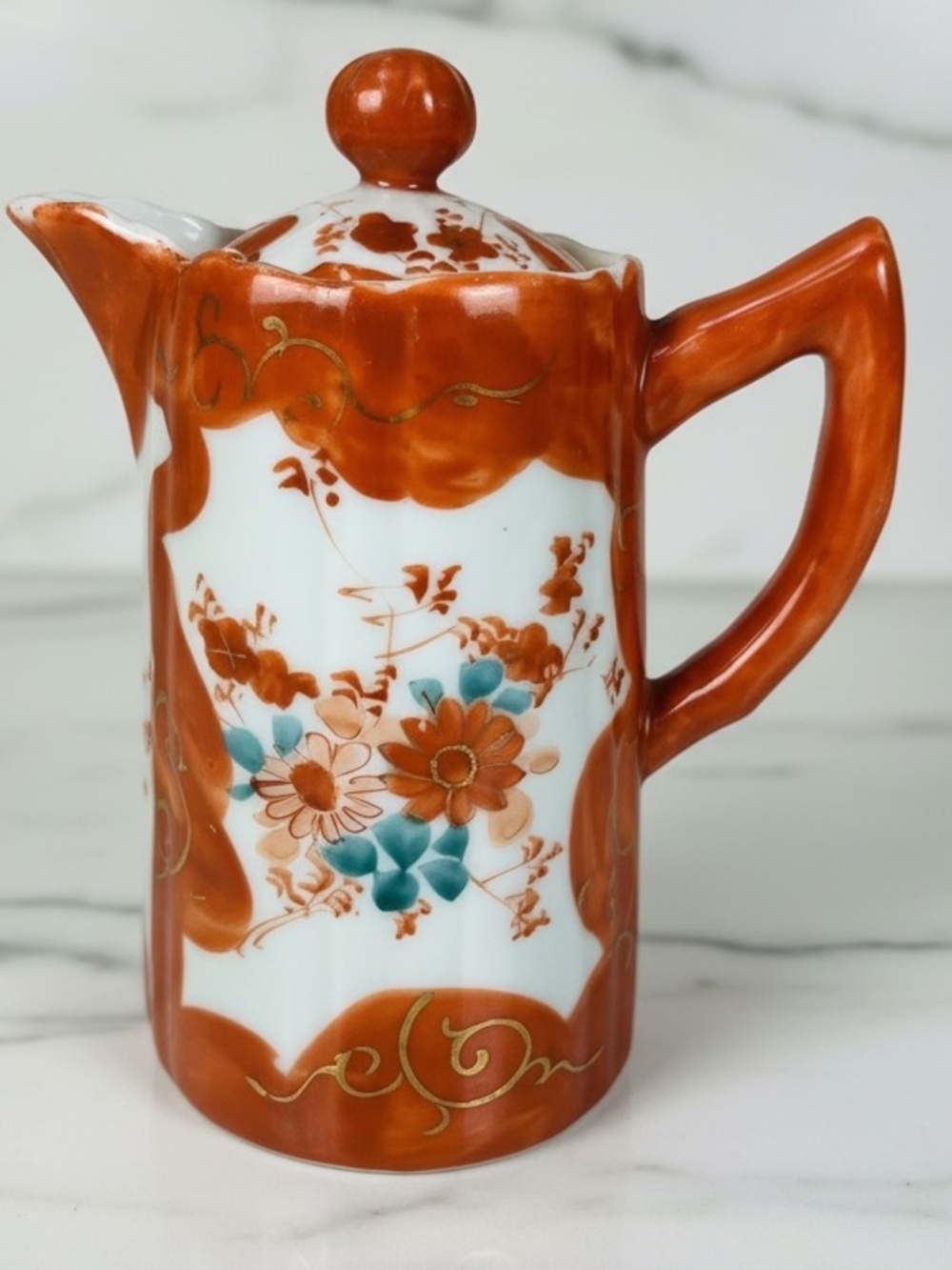 Antique Meiji Japanese Kutani Lidded Creamer Pitcher Iron Red Gold Hand Painted